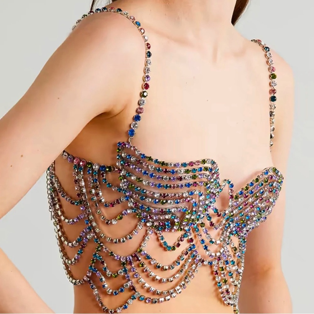 Multi-colored silver rhinestone bralette. Adjustable. Perfect for the Eras Tour!